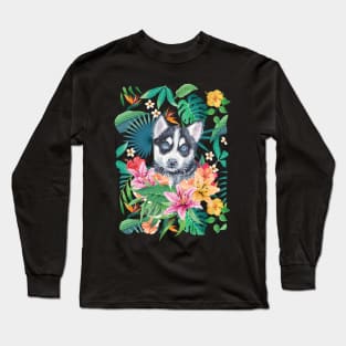 Tropical Black White Husky Puppy 13 Long Sleeve T-Shirt